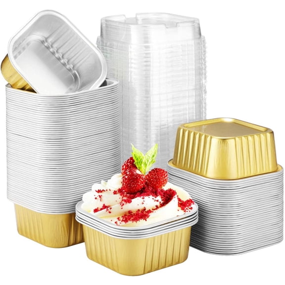 Mini Baking Cups, 5oz 100pcs Gold Aluminum Foil Dessert Cups Ramekins with Lids Cake Pan Tin for Creme Brulee Pudding Pie Cheese, Cupcake Liners for Wedding Christmas Party