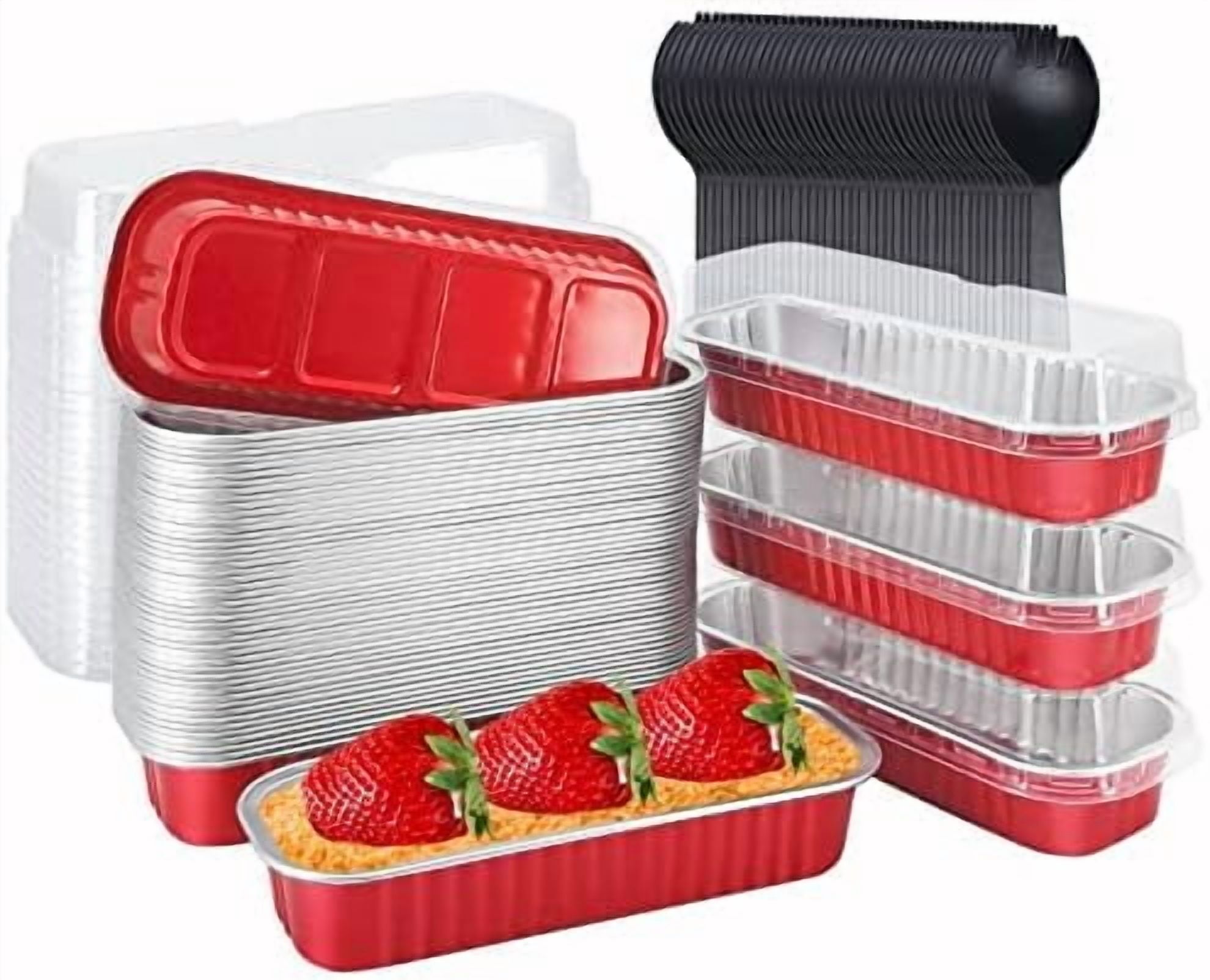 Mini Baking Pans With Lids 50 Pack, 6.8oz Aluminum Foil Small Loaf Pans Tins Holders,Rectangle Baking Cups Muffin Tins,Disposable Ramekins Muffin Cups For Mini Cake Bread -Red
