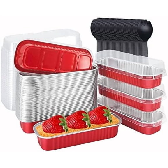Mini Baking Pans With Lids 50 Pack, 6.8oz Aluminum Foil Small Loaf Pans Tins Holders,Rectangle Baking Cups Muffin Tins,Disposable Ramekins Muffin Cups For Mini Cake Bread -Red