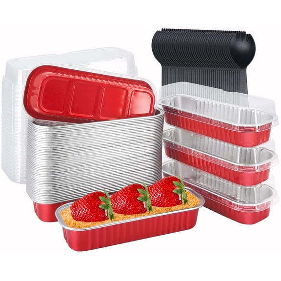 Mini Baking Pans With Lids 50 Pack, 6.8oz Aluminum Foil Small Loaf Pans Tins Holders,Rectangle Baking Cups Muffin Tins,Disposable Ramekins Muffin Cups For Mini Cake Bread -Red