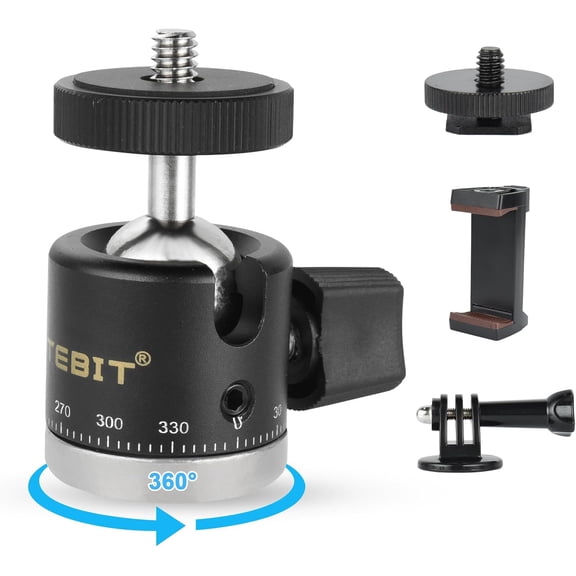 Mini Ball Head, Panoramic Tripod Head with 1/4" Camera Hot Shoe Mount DSLR Camera Mount Adapter Photograph Attachment Accessories for Action Cameras Cam Smartphone Light Microphone