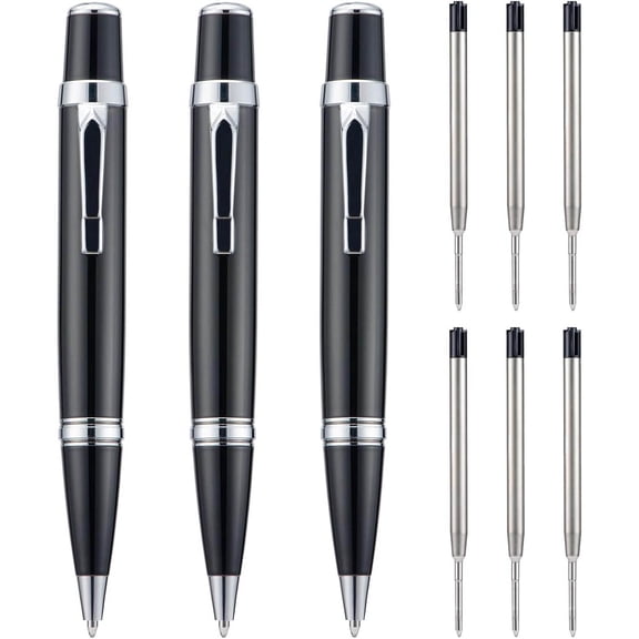 Mini Ballpoint Pens with Extra Refills Set, Medium Point Black Ink, Smooth Writing Metal Pen for Business Office (Silver Trim)