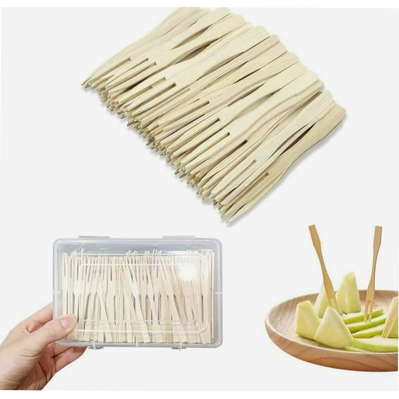 Mini Bamboo Fruit Forks, 3.5 Inch, 300 Counts Box, Two Prongs Cocktail Picks for Appetizer, Cocktail Forks, Party Forks, Buffet Mini Forks, Cocktail, Pastry, Dessert.