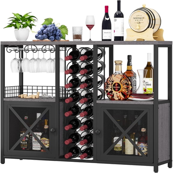 Mini Bars for Home, Wooden Coffee Bar Cabinet, Modern Liquor Cabinet for Liquor and Glasses, Farmhouse Buffet Wine Bar Cabinet with Storage Sideboard for Home Kitchen Dining Room (Deep Grey)