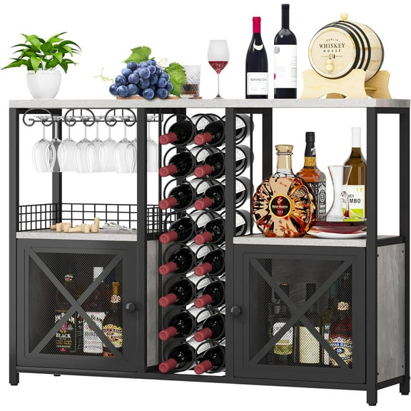 Mini Bars for Home, Wooden Coffee Bar Cabinet, Modern Liquor Cabinet for Liquor and Glasses, Farmhouse Buffet Wine Bar Cabinet with Storage Sideboard for Home Kitchen Dining Room (Light Grey)