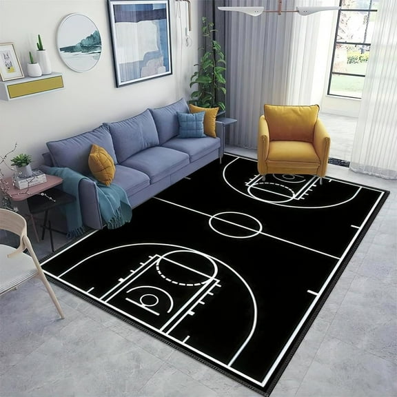 Mini Basketball Court Rug, Black and White Rugs for Bedroom, Washable Easy Clean Dirty Resistant Carpet for Living Room Office Outdoor Camping Rug Apartment 2x3ft