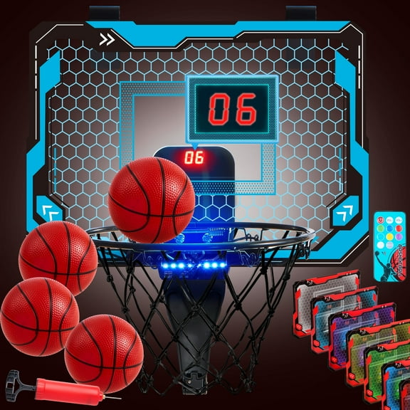 Mini Basketball Hoop Indoor 15.1" x 11" Door Room Kids Basketball Hoop with 4 Balls & Adjustable LED Basketball Board, Basketball Toys for Kids Boy 3+, Birthday Gifts for Teen Boy, Blue