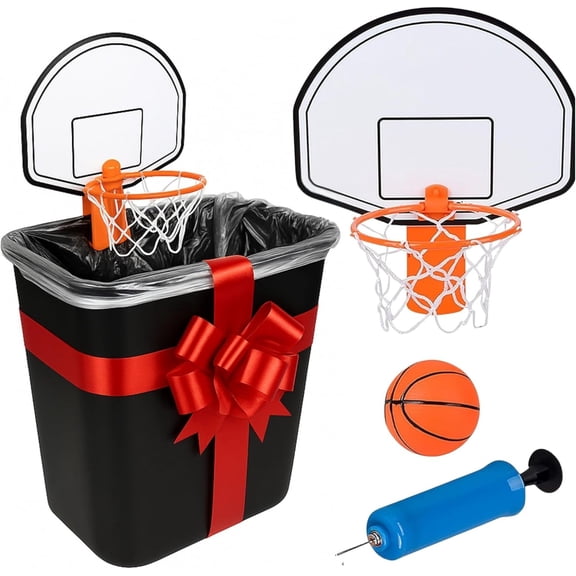 Mini Basketball Hoop Trash Can Set, Includes Clip-On Hoop with Backboard, Inflatable Ball and Pump, Fun