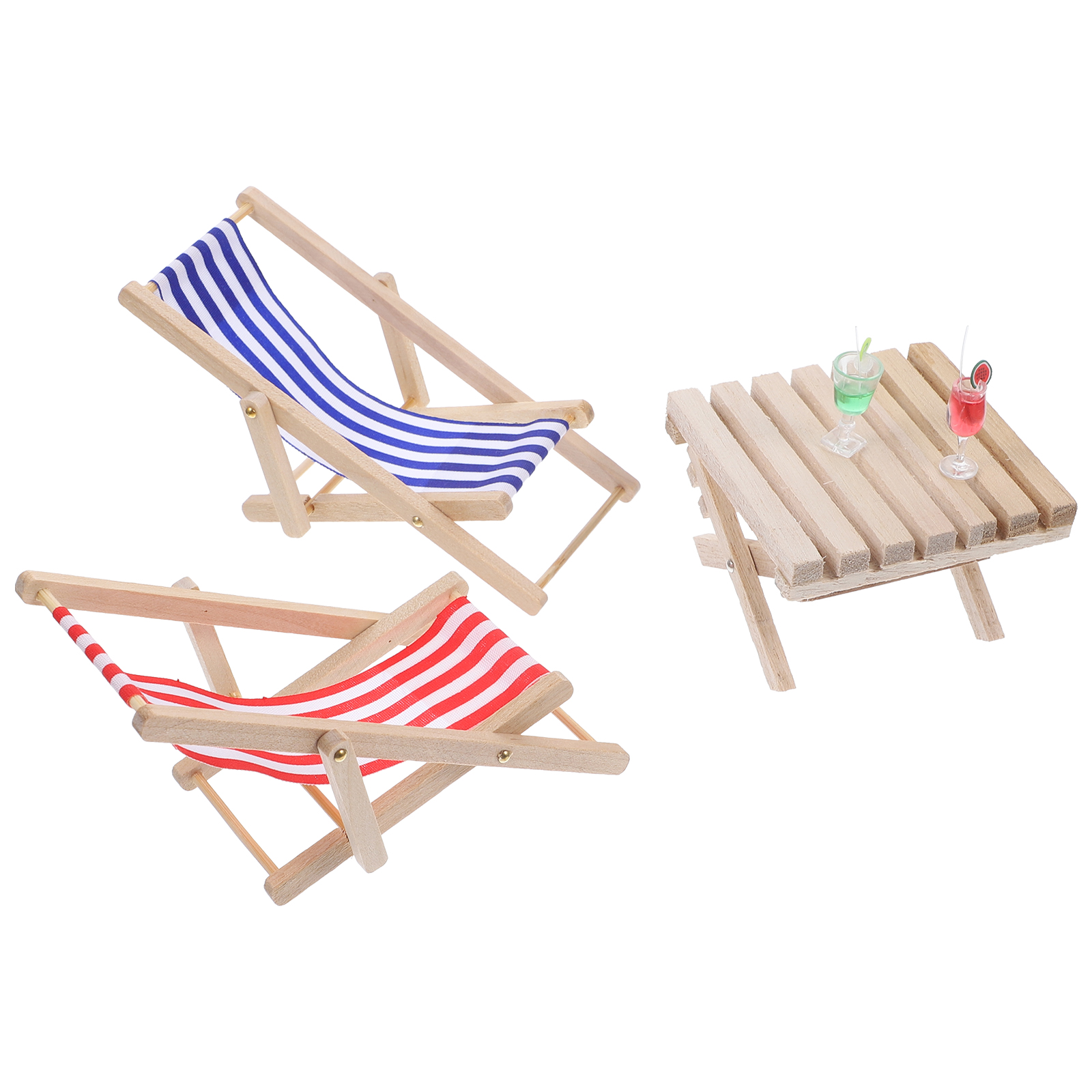 Mini Beach Chairs Miniature Wooden Dollhouse Furniture Drink Garnish Cloth Striped Deck Model