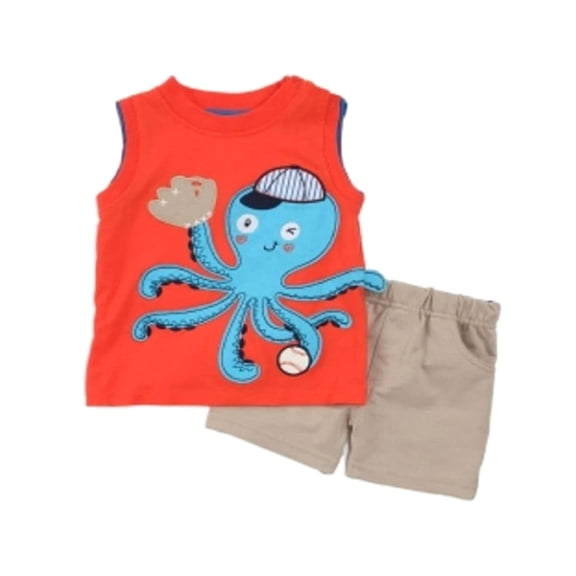 Mini Bean Infant Boys Orange Octopus T-Shirt Tan Shorts Set Baseball Outfit 3-6m