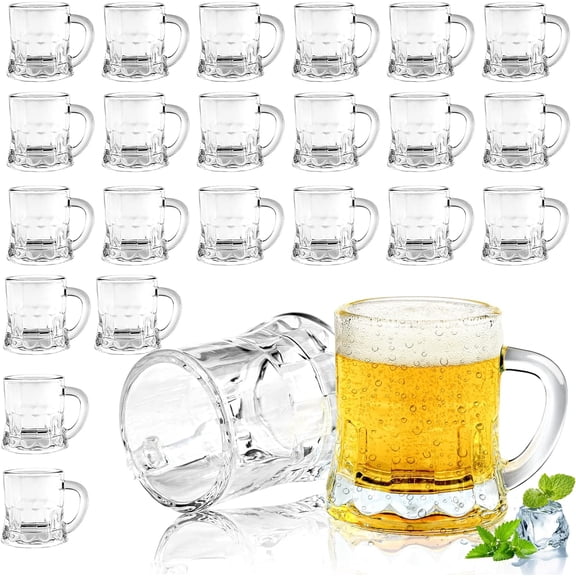 Mini Beer Mugs, Set of 24, 2 Oz with Handles, Glass Mugs for Beer, Whiskey, Tequila, Vodka