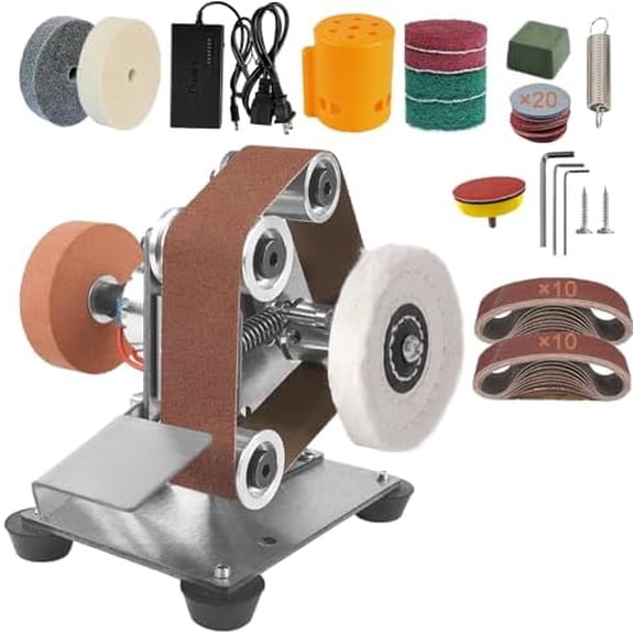Mini Belt Sander, 7 Adjustable Speed -15 Degree Professional Electric Bench Grinder with Double Grinding Wheels, Small Grinder Burnishing for DIY Woodworking, Metal Grinding and Knife Making