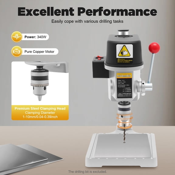 Mini Bench Drill Press, 340W 110V Portable Mini Electric Bench Drill Press Workbench Low Noise, Light-Duty DIY Craft Drilling Repair Tool Expanding Drilling Machine Pressed-in Chuck 1-10mm