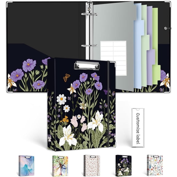 Mini Binder 3 Ring 1 Inch for 5.5"x8.5" Paper, Cute Small Three Binders with Clipboard, 5-Tab Dividers, Spine ID Label Holder, A5 Pen Weeds