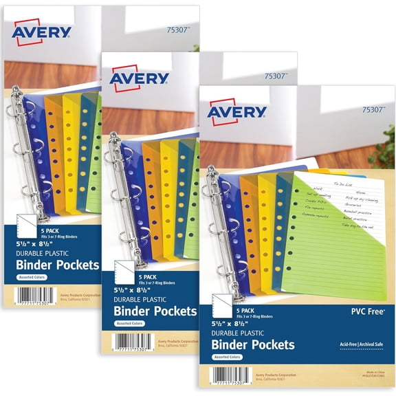 Mini Binder Pockets for 3 Ring Binders and 7 Binders, Assorted Colors, 5.5" x 8.5" Documents, Acid-Free Archival-Safe, 15 Folders Total (3-Pack of 24467)