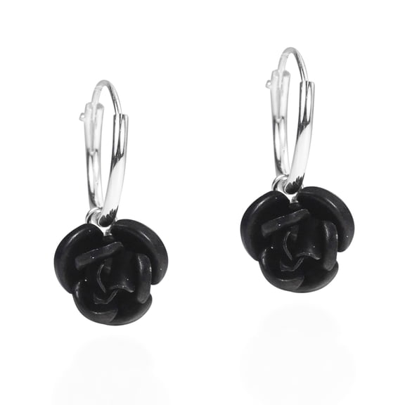 Mini Black Blooming Rose .925 Silver Hoop Earrings