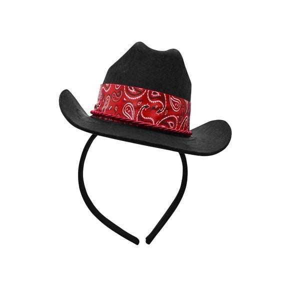 Mini Black Cowboy Hat With Red Paisley Bandana Trim Headband Costume Accessory