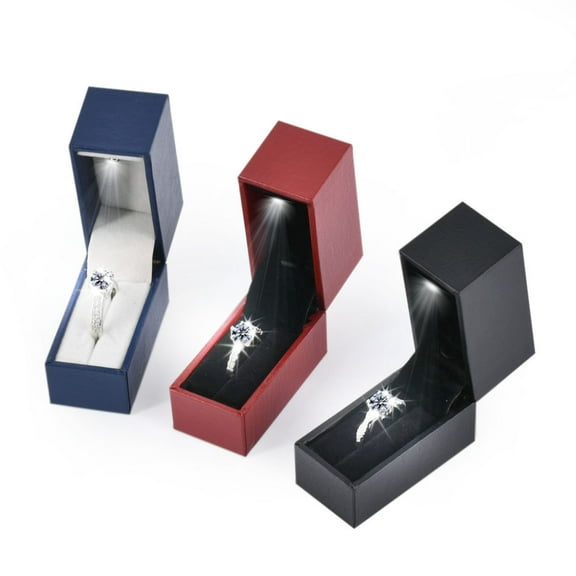 Mini Black Ring Box with LED Light for Engagement Wedding Proposal, Slim Jewelry Gift Box
