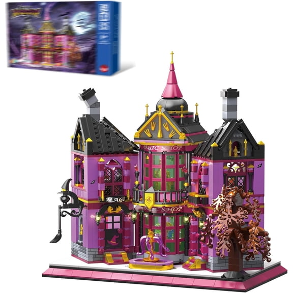 Mini Block Kit with Lights, Mystery Magic Shop, Gothic Architecture Model Kit, Creative Home Decor, Creative Gifts for Kids and Adults, 1366 PCS Mini Blocks