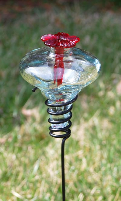 Clear Glass Mini-Blossom Hummingbird Feeder with Red Flower and Metal Stake