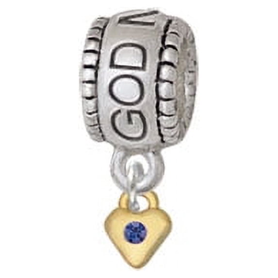 Mini Blue Birthday Crystal Gold Tone Heart - God Mother Charm Bead