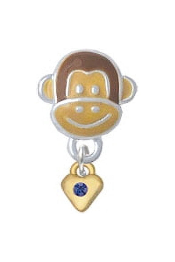 Mini Blue Birthday Crystal Gold Tone Heart - Monkey Face Charm Bead