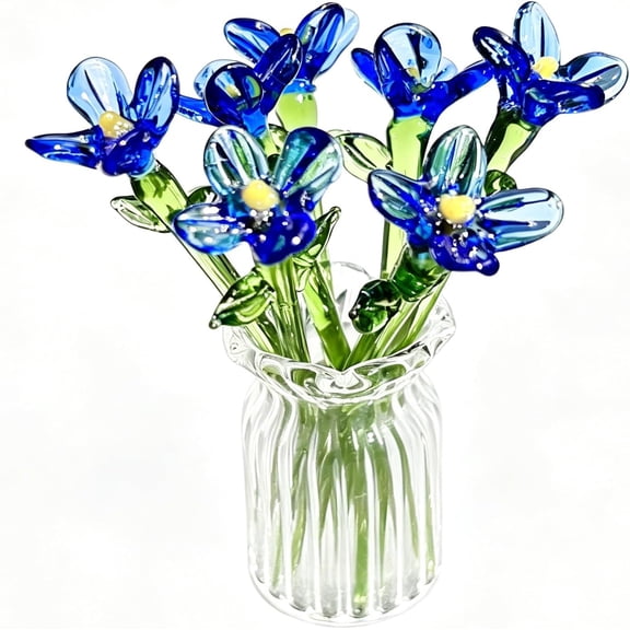 Mini Blue Glass Flowers in Vase Set of 7, Handmade Unique Glass Flower Bouquet, No Wilting Forever Fresh Decor for Desk, Birthday Mother's Day Gift Party Favors