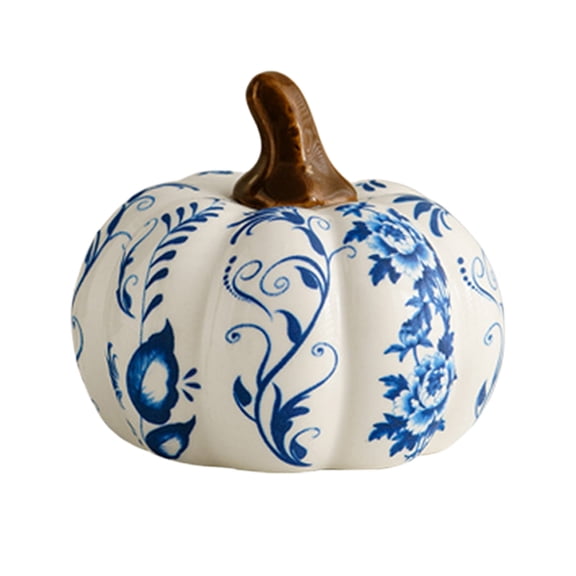 Mini Blue and White Porcelain Artificial Pumpkins, Ideal for Thanksgiving Day, Holiday Party Tabletop, Mantel Decor