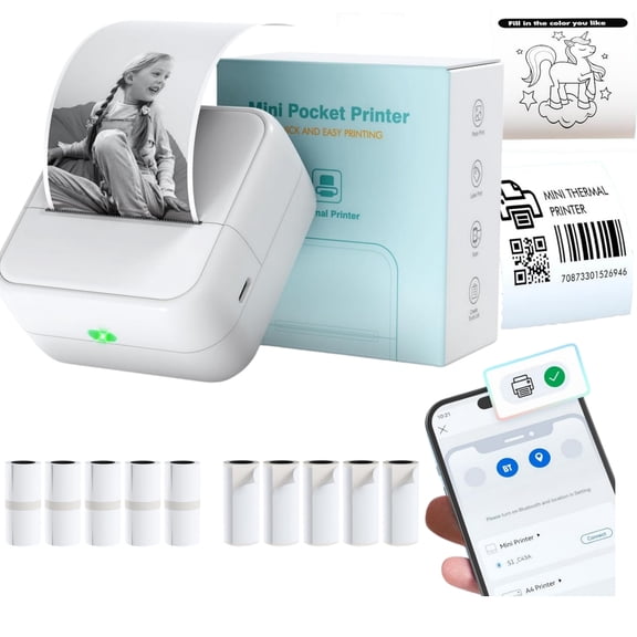 Mini Bluetooth Thermal Pocket Printer, 203DPI HD Inkless Sticker Maker with 10 Rolls Paper, Portable Photo Label Printer for Study Notes, DIY Crafts, Kids Gift, iOS & Android Compatible(Blue）