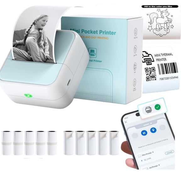 Mini Bluetooth Thermal Pocket Printer, 203DPI HD Inkless Sticker Maker with 10 Rolls Paper, Portable Photo Label Printer for Study Notes, DIY Crafts, Kids Gift, iOS & Android Compatible(Blue）