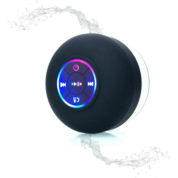 Mini Bluetooth Waterproof Speaker with LED Light, Speaker Bluetooth for Shower, Ipx4 Waterproof with Suction Cup, for Beach, Shower & Home (Black)