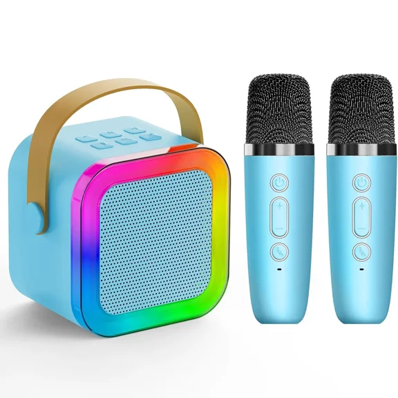 Mini Bluetooth karaoke speaker, 2026 Perfect Easter Gift for kids，portable speaker with 2 wireless microphones, cute karaoke Bluetooth speaker with RGB lights, ideal gift for kids aged