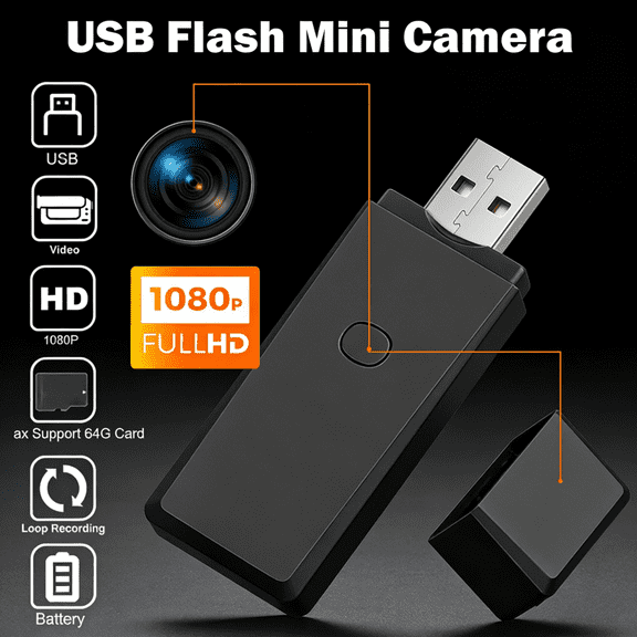 Mini Body Cam 1080P Security Video, Rechargeable Portable Surveillance Camera (64GB USB Flash Drive Style)