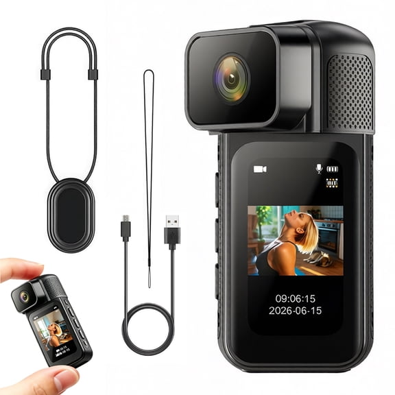 Mini Body Camera, 2.7K Pocket Video Camera with 1.47’’ LCD Screen Magnetic, 180 ° Rotating Lens Supports Audio & Video, Wide-angle Shooting for Daily Bike Cycling Vlogging Pet Walk Swim (Black)