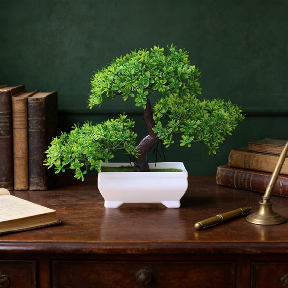 Mini Bonsai Tree – Three-Pronged Welcoming Pine, Perfect Desktop Decorative Small Potted Plant, Artificial Tree in a Plastic Cement Pot for Home and Office