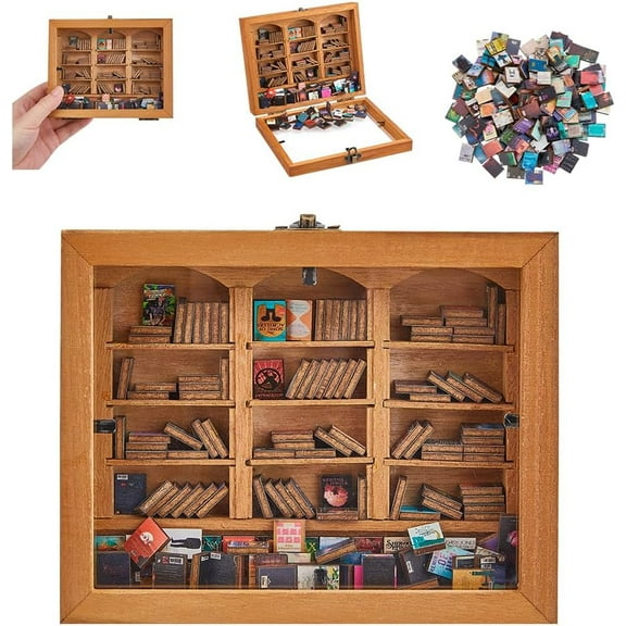 Mini Bookshelf Ornament Miniature Book Display Shelf Miniature Bookshelf Decor Tiny Library with 200Pcs Mini Books for Home Room Office Dollhouse Bookcase Brown