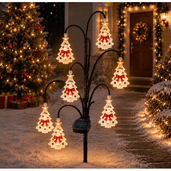 Mini Bow Christmas Tree Lights Christmas Solar Tree Stake Lights Outdoor Yard Decor, Warm White LED Solar Pathway Lights
