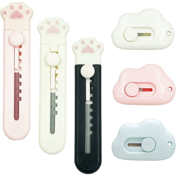 Mini Box Cutters, 6Pcs Retractable Art Cutter Utility Knife,Cute Cloud Cat Paw Shaped Kawaii Letter Opener Portable Paper Cutter for Envelope Bags Express Unpacking Cutting DIY Crafts Office Home Use