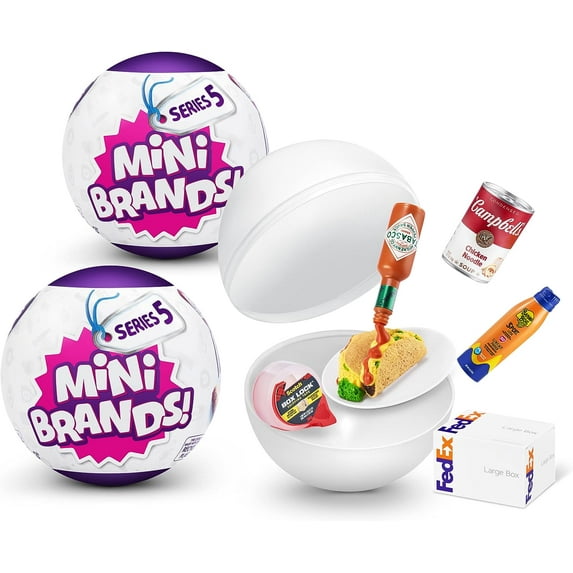Two unopened Mini Brands balls and one open with five mini products