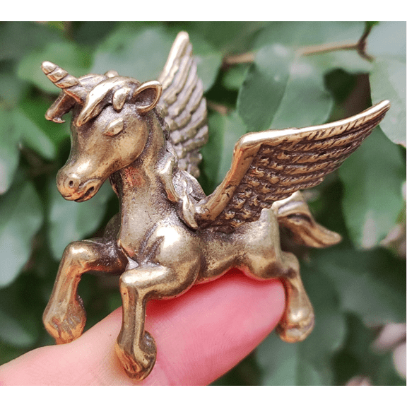 Mini Brass Winged Horse Flying Pegasus God Greek Mythology Statue Sculpture, Copper Finish Brass Lucky Flying Wings Gallop Horse Art Figure