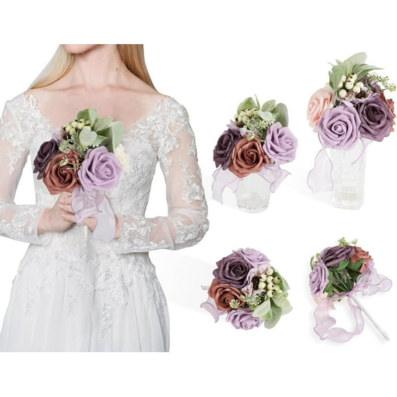 Mini Bridesmaid Bouquets Artificial Roses Wedding Bouquet Flowers for Decorations Foam Roses for Craft for Wedding Floral Arrangement Centerpieces (Purple&Dusty Rose)