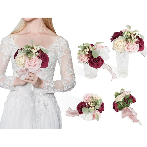 Mini Bridesmaid Bouquets Red and Pink Artificial Roses Wedding Bouquet Flowers for Decorations Fake Foam Roses for Craft for Wedding Floral Arrangement Centerpieces (Red & Pink)