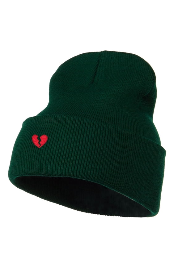 Mini Broken Heart Embroidered Long Beanie - Dark Green OSFM