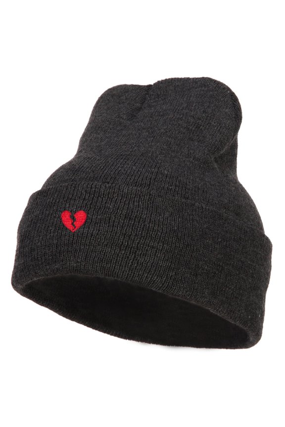Mini Broken Heart Embroidered Long Beanie - Heather Charcoal OSFM