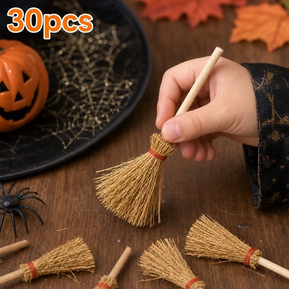 Mini Broom Decoration, 30 Pack 6.5cm Miniature Straw Witch Broom with Red Rope, Halloween Party Favor, Dollhouse Decor