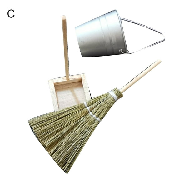 Mini Broom Dustpan Bucket Simulation Household Model Decor Toy Set for Dollhouse