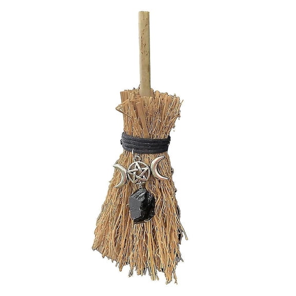Mini Broom Straw Witch Brooms With Crystal Pumpkin Pendant Decor For Halloween-hao