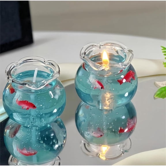 Mini Bubble Fish Tank Scented Candle,Cute Aesthetic Gel Wax Candle with Floating Fish & Bubbles, Freesia Scent, Handmade Ocean Decor for Bedroom, Desk & Gifts 2PCS Blue