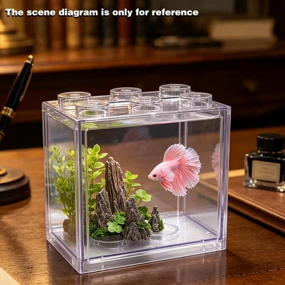 Mini Building Block Fish Tank 6.22in Acrylic Aquarium with 4 Artificial Rockery Decor
