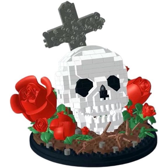 Mini Building Block Sets Skull Gothic Decor Rose Cross Building Set, 582 Pieces Micro Blocks Model Kit Dark Aesthetic Display for Adults Birthday 14+